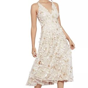 XSCAPE | 3D Floral Applique V-Neck Midi Dress